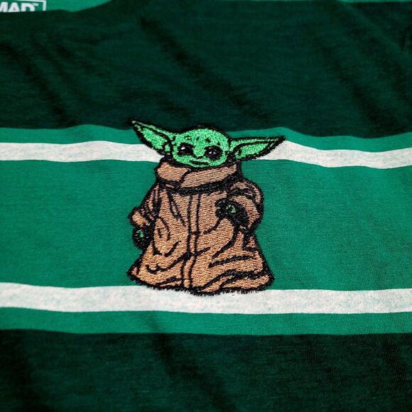 Star Wars Baby Yoda Grogu Embroidered Mad Engine NWOT Large Green Stripes - Picture 6 of 7